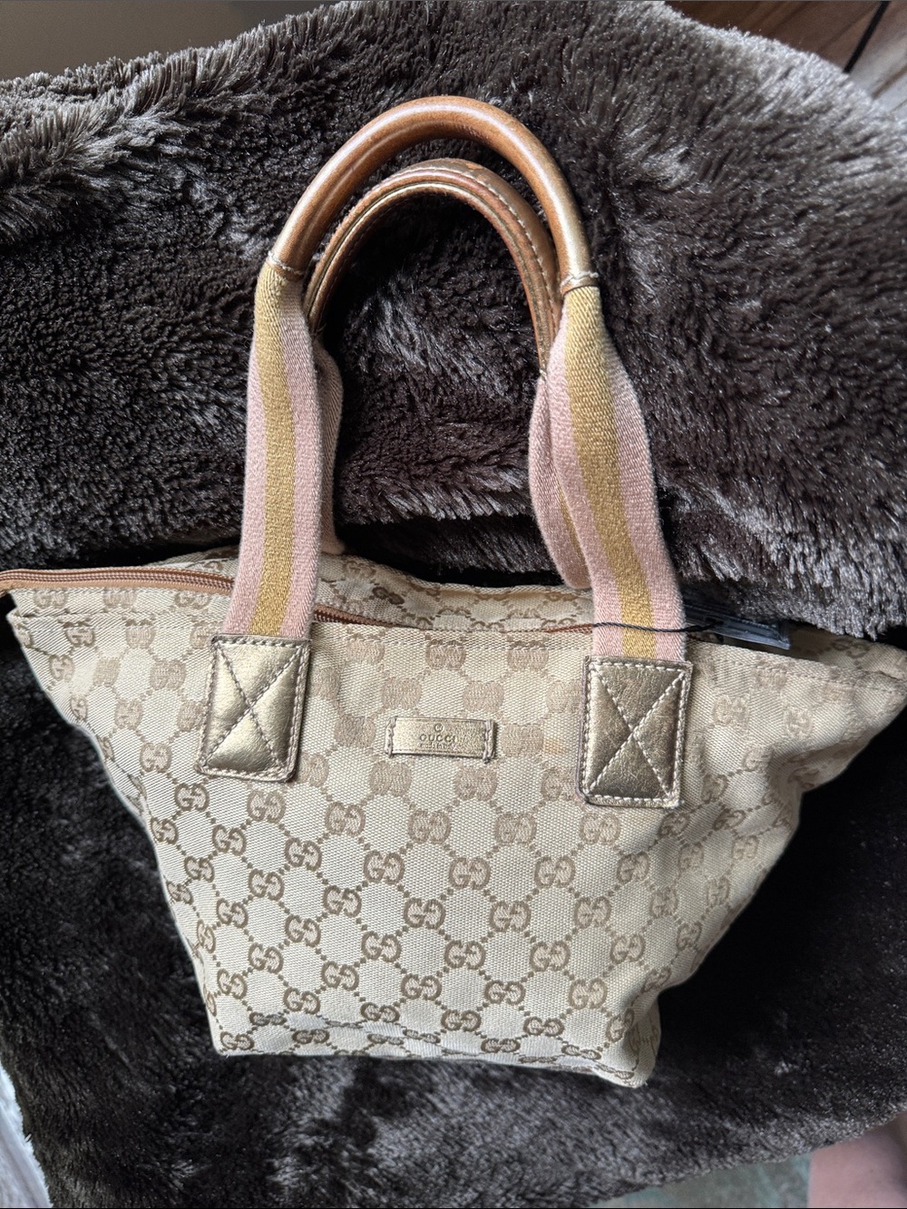 Gucci Beige GG Canvas Tote with Pink & Gold Stripe Handles